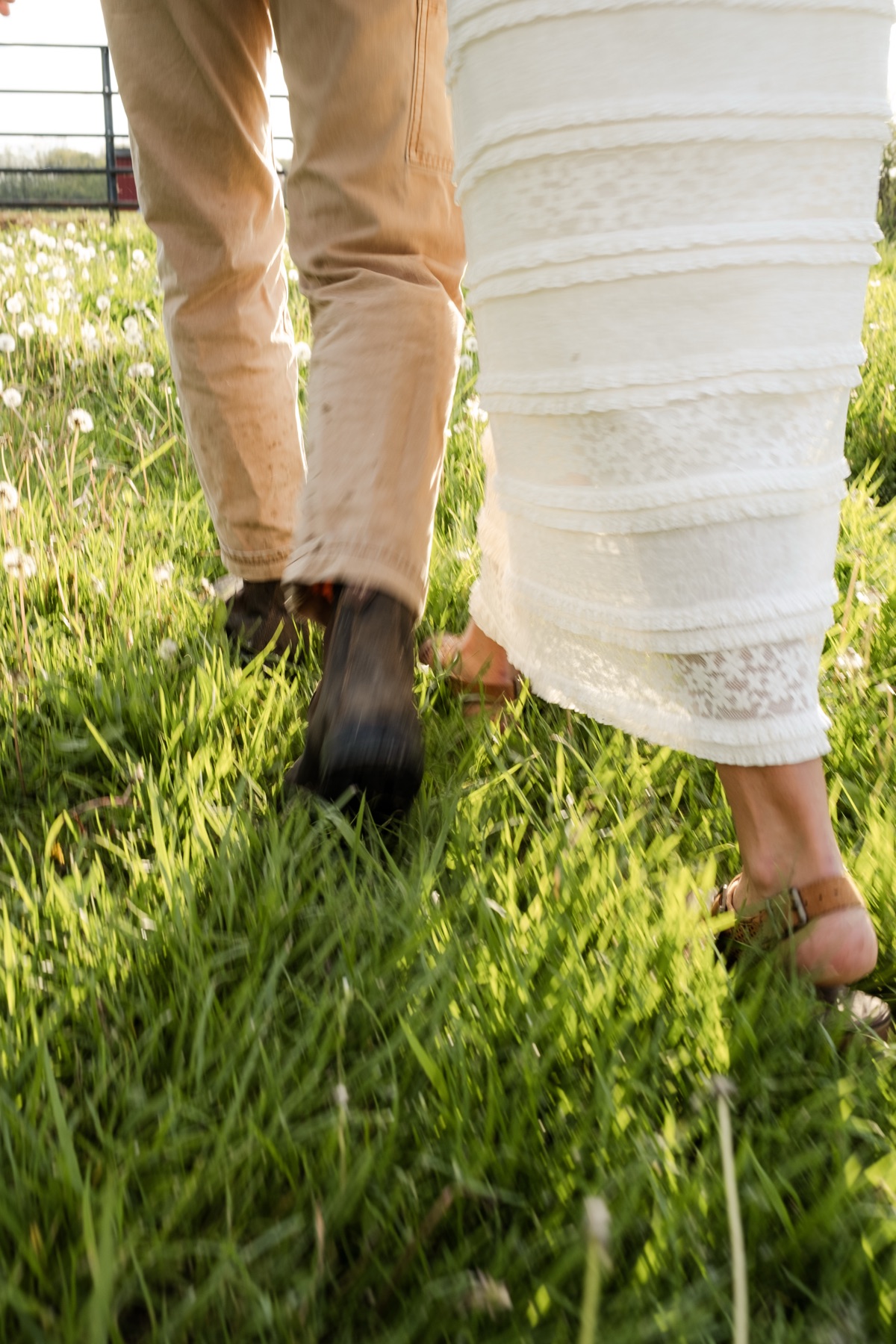 Close-up of couple's feet in the grass